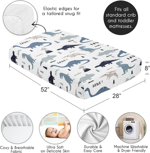 Sweet Jojo Designs Fitted Baby Crib Sheets (Blue Dinosaur) for Boys, Infant Nursery, Toddler Room - Standard Size