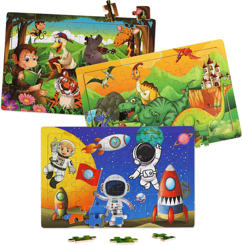 Wooden Puzzles Toys for Kids Ages 4-6, Set of 3 Packs with 60-Piece Jigsaw Puzzles, Dinosaur, Animal, Space Theme