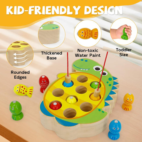 JooKiddie 3-5, Wooden Magnetic Fishing Game, Dinosaur Magnetic Fishing Toy for Kids Montessori Preschool Education