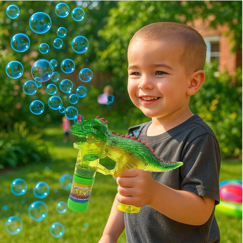 Upgraded Dinosaur Bubble Gun, Leak-Free Automatic Bubble Blower & Maker for Toddlers & Kids, Includes Batteries &