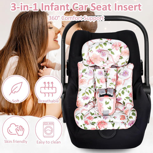 Infant Car Seat Insert with Removable Cushion for Baby Girls, Reversible Newborn Carseat Insert for Baby Head Body