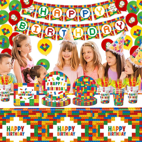 Bolake 25 Building Block Party Plates Building Block Birthday Party Supplies Decorations Serve including Disposable