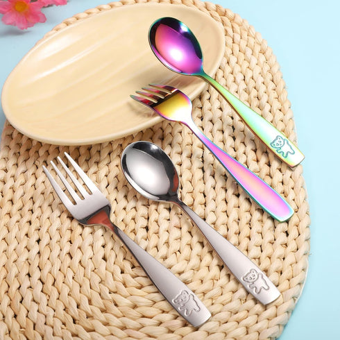 Pimoys 12 Pieces Kids Rainbow Utensils Set, Stainless Steel Safe Forks and Spoons, Dishwasher Safe Metal Cutlery