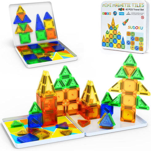 Mini Magnetic Tiles Travel Set with Case 42pcs, Bonus Sudoku Play, Mini