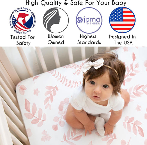 Sweet Jojo Designs Fitted Baby Crib Sheets (Boho Pink Floral Leaf) for Girls, Infant Nursery, Toddler Bed Room