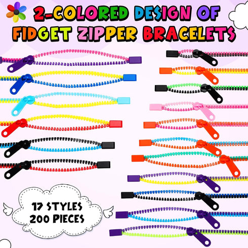 200 7.9 Inch Yinkin Pieces Party Favors Bulk Friendship Fidget Zipper Bracelets Children Sensory Toy Fidgets Friendship