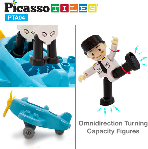 PicassoTiles 4 Piece Magnetic Figures Aircraft Action Figure Magnet Airplane Helicopter Expansion Pack Toddler Toy Set
