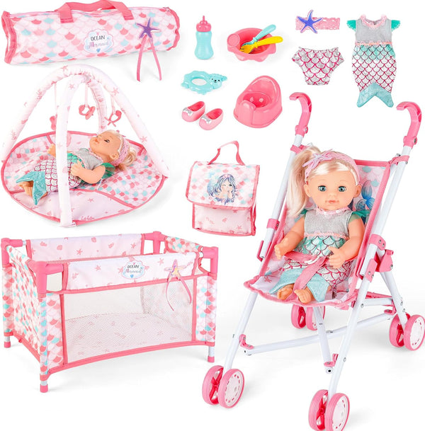 deAO Baby Doll Stroller Crib Bed Nursery Role Play Set Baby Doll