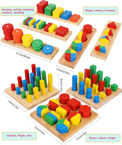8 1 Set 3 4 5 6 TOWO Wooden Geometric Shapes Stacking Rings and Fractions Boards in Puzzles- Shape Sorter Sorting Toy