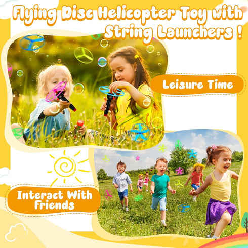 Flying Disc Helicopter Toy Disco Flyers, 12 String Launchers and 24 Flying Discs for Outdoor Fun