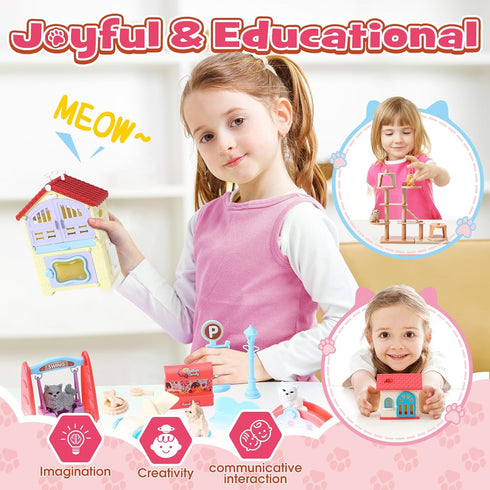Golray 66Pcs Cat Toys for Kids, 3 In 1 Pet Pretend Play Toys with Cat Figurines, DIY Cat Tree & Playground