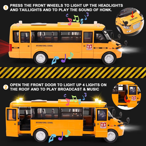 Ming You School Bus Toy - 9" Die-cast Pull Back Car with Sounds, Lights, and Openable Doors for Kids 4-8