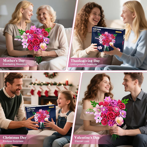 Set 21 832PCS CUBIMANA Flowers Bouquet Building with LED - Rose Red Botanical Collection Kit for Adults Women