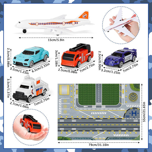 3 4 5 6 deAO Airplane Toys for Kids with Trucks, Helicopter,Planes, Signs,Fire Trucks Race Cars and Airport