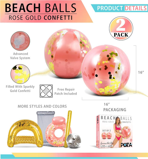 POZA Inflatable Beach Balls Set of 2, Elegant Glitter Confetti Floaters, Heavy Duty Vinyl Pool Toys for Beach Party