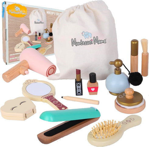 Montessori Mama Makeup and Salon Set - Wooden Pretend Play Beauty Kit with Styling Tools for 4 Year Old Girls