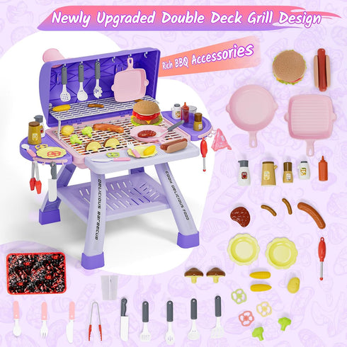 Playset 3-5 New Upgraded Kids BBQ Grill with Smoke, Sound&Light, Toy Grill for Girls, Pretend Food Hamburger, Kitchen