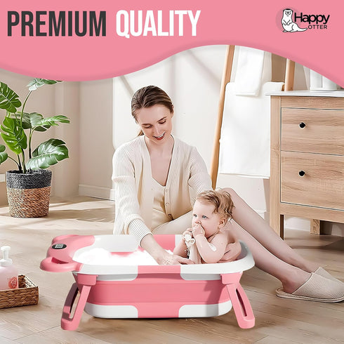 HAPPY OTTER Portable Baby Bathtub with Heat Sensor for Toddlers & Newborns, Padded Baby Bath Tub with Water Release