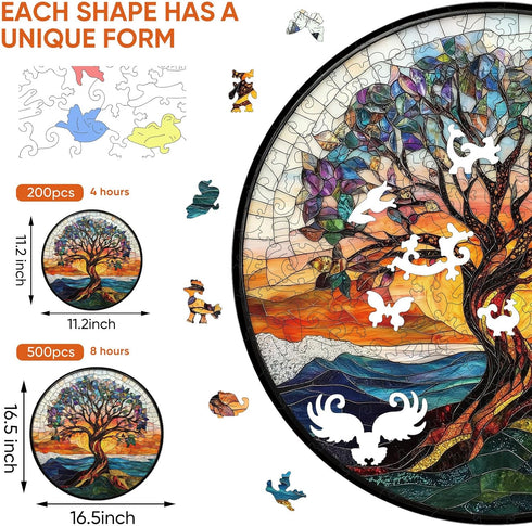 500 16.5 16.5 Bodhipnjoy Wooden Puzzles for Adults Pieces, Stained Glass Tree of Life Puzzle, Unique Shape Mosaic Tree