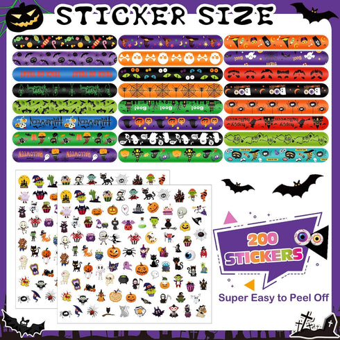 320 Pcs Halloween Slap Bracelets Party Favors for Kids, Halloween Treat Bag Stuffers and Stickers