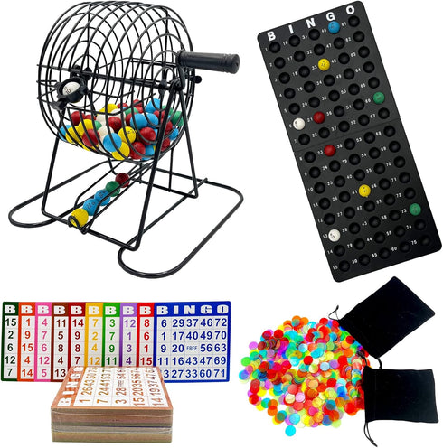 JUNWRROW Deluxe Bingo Game Set-Includes Bingo Cage,600 Colorful Bingo Chips with a