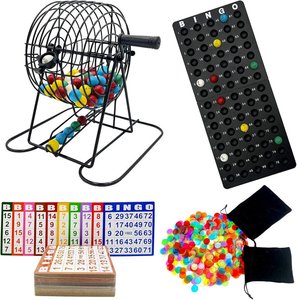 JUNWRROW Deluxe Bingo Game Set-Includes Bingo Cage,600 Colorful Bingo Chips with a