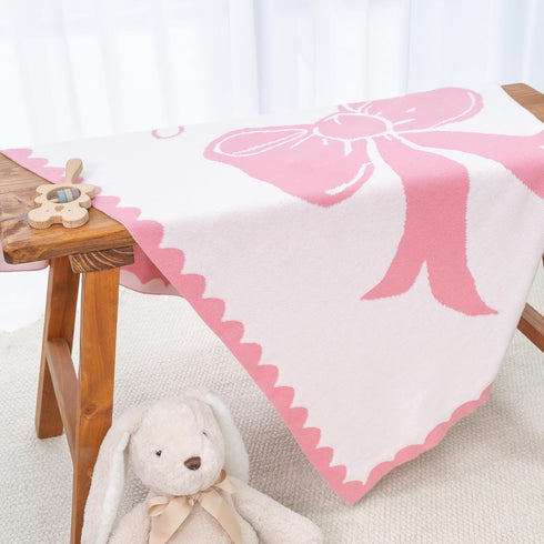 Personalized Name Knit Baby Blanket Custom Woven Bow Design Soft Minimal Comfort Throw for Newborn Infant Toddler