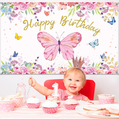 Tatuo Butterfly Happy Birthday Backdrop 6x4ft, Pink Butterfly Party Decorations for Baby Shower