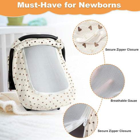 Muslin Cotton Car Seat Cover Baby, Universal Fit Carseat Cover for Baby, Infant Car Seat Cover with Mesh Peep Window