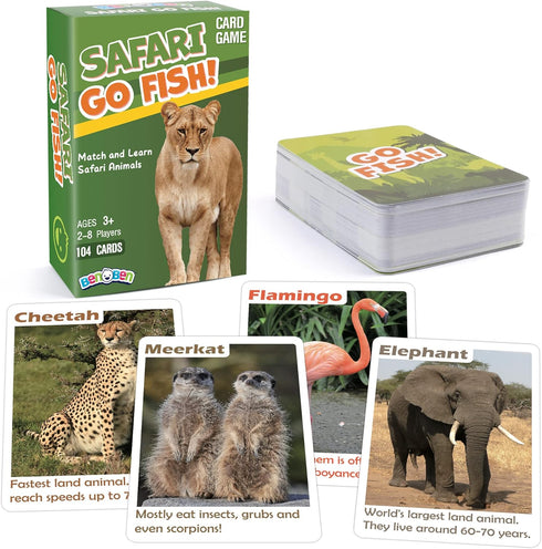 BenBen Go Fish Card Game for Kids, Jumbo Size Safari Animal Learning Cards, 104 Cards for 2-8 Players