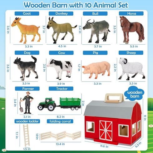 3+ Playset YEEBAY Farm Animals Toys for Year Old Kids Toddlers Girls Boys, Large Wooden Barn with Animal Play Figures
