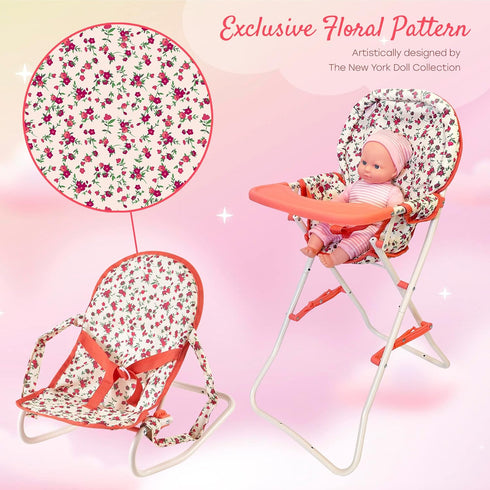 Set, 3-1 18 inch 18" 3-5,4-6,5-7,8-10 Floral Baby Doll Accessories Baby Doll Crib, Baby Doll High Chair & Bouncer Seat.