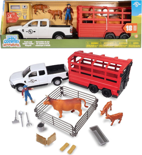 Country 18pc Playset, 3+ Big Toys: Truck & Cattle Trailer Adventure - Farm Toy Light-Sound White Pickup, Articulated