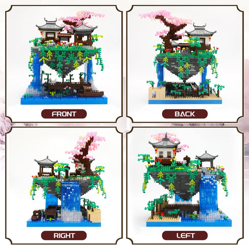 Set 14+,(2705 Light-Up Peach Blossom Pond Micro Mini Bricks Kit, Chinese Architecture Cherry Bonsai Tree Building