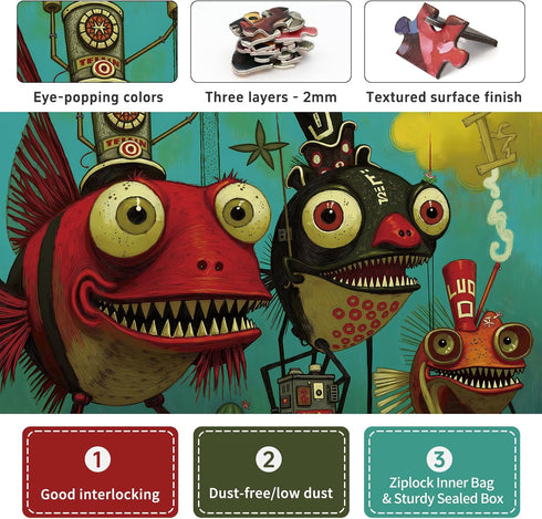 1000 26.6 19.2 Piece Puzzle for Adults, Quirky Piranha-Inspired Artwork with Unique-Shaped Pieces, Matte Texture