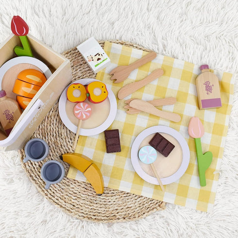 Set 21 Settings 3+ Pillowhale Wooden Picnic Basket Play Food PCS Pretend Kids Kitchen Toy with Blanket, Cutting Fruit