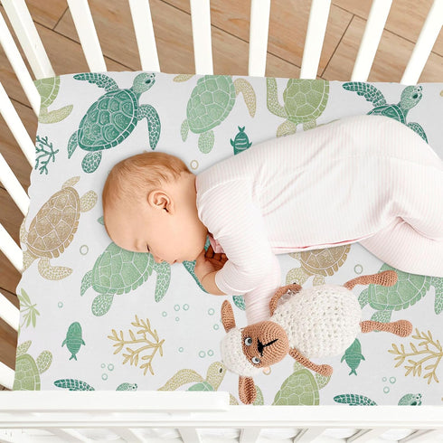 Takiito 27x39 Crib Sheet for Boys Girls, Sea Turtles Fitted Crib Sheet Super Soft Breathable for Playard Mattress
