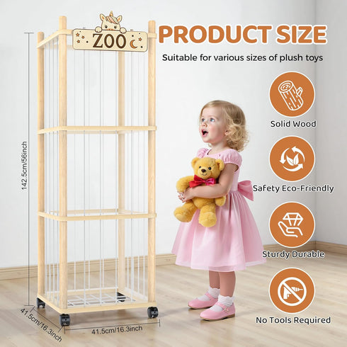 Vecxoty Tower,56In Stuffed Animal Storage Zoo Wooden Large Stuffed Animal Holder Organizer with Wheels,Stuffy Plushies