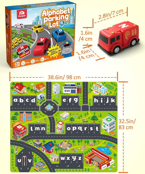 26pcs 3 4 5 Coogam Alphabet Maze, Pull Back Car with Play Mat Preschool Letter Matching Game for Years Old, Montessori