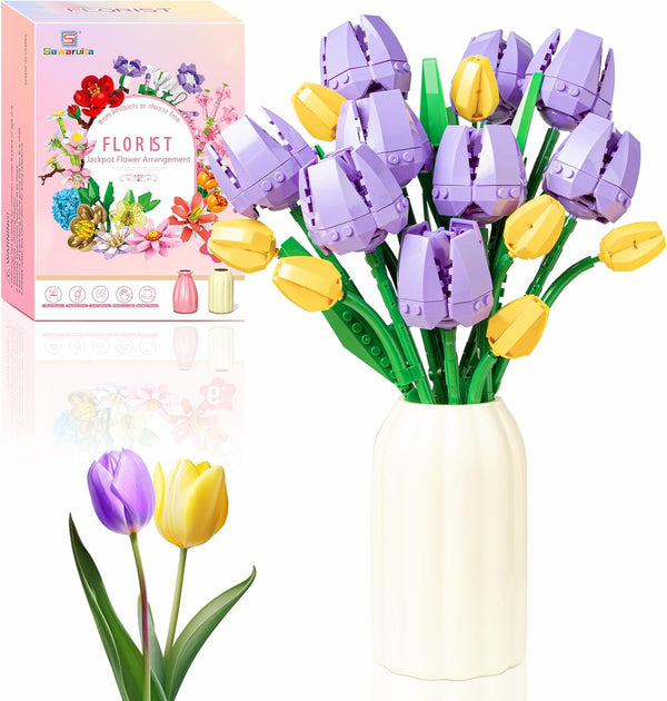 Sawaruita Purple Tulips Bouquet Building Block Sets for Adult Woman-Botanical Collection with