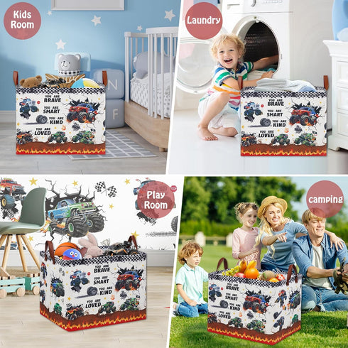 Monster Truck Storage Laundry Basket, Kid Room Decor for Boys,Rectangular Gift Bag Toy Box Shelf Basket ,Collapsible