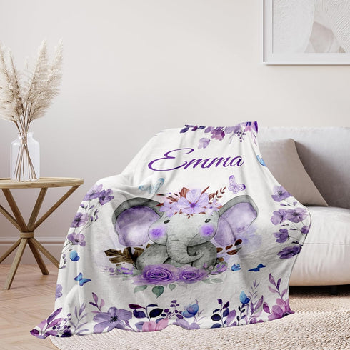 Snoweets Personalized Baby Blanket for Girls Kids Boys, Custom Elephant Blanket with Name for Daughter Niece Her