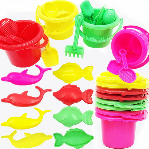 The Dreidel Company Mini Beach Day Playsets (Pack of 12) with Sand Bucket, Pail, Shovel, and Dolphin Fish Toy