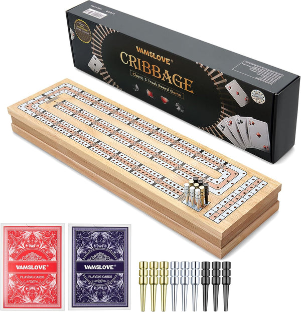 Vamslove Magnetic Cribbage Board 15'' Wooden Folding 3 Track Game Set, w/Instruction,