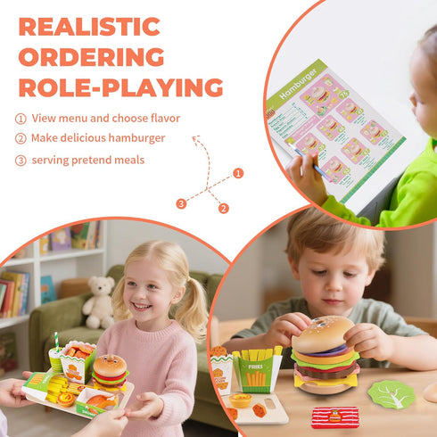 Set 3 4 5 Montessori Toys Pretend Play Food for Year Old, Wooden Fast Food Play Kitchen with Hamburger, Fries, Egg