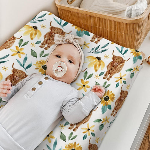 Highland Cow Sunflower Changing Pad Cover for Baby Girls, Soft Stretchy Safe Snug Fitted Diaper Change Table Covers