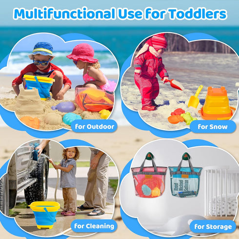 Wowlyntoy 2 2 Set Summer 3-10 Beach Sand Toys for Kids with Collapsible Beach Sand Buckets, Big Size Sand Molds, Mesh