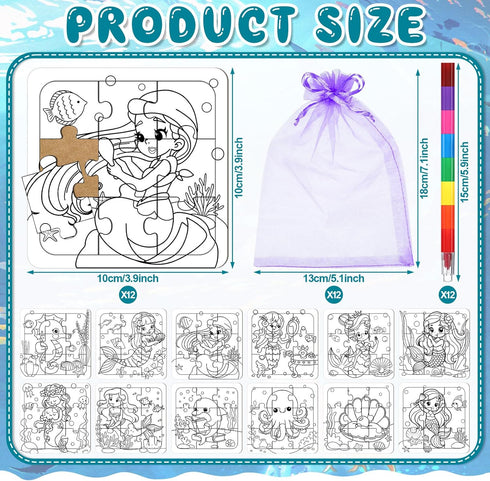 Fullhawl 12 Sets 12 12 Supplies(12, Mermaid Puzzles Underwater Color Your Own Puzzles DIY Jigsaw Crafts with Stackable