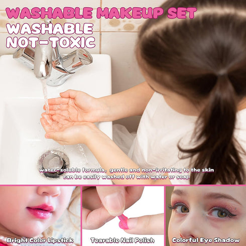 54 Pcs Kids Makeup Kit for Girls - Real Washable Pretend Play Cosmetic Set with Mirror, Safe Birthday Gift (Pink)