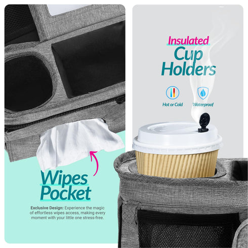 v2 Swanoo Stroller Caddy Stroller Organizer With Cup Holder, Non Slip Straps Stroller Bag for Phone, Pet Stroller